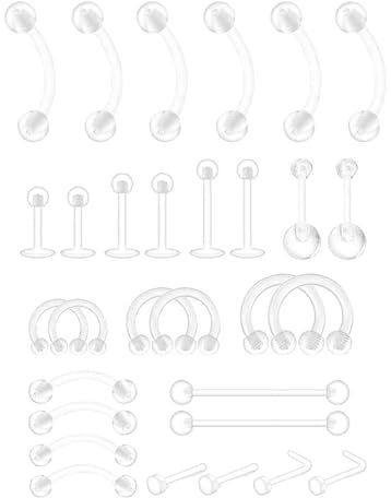 MYGLOAR Juego de 30 piezas de retenedores de piercing de plástico transparente para nariz, lengua, pezones, abdomen, labios, laboratorio, tabique, cartílago de la oreja, joyería de marcador