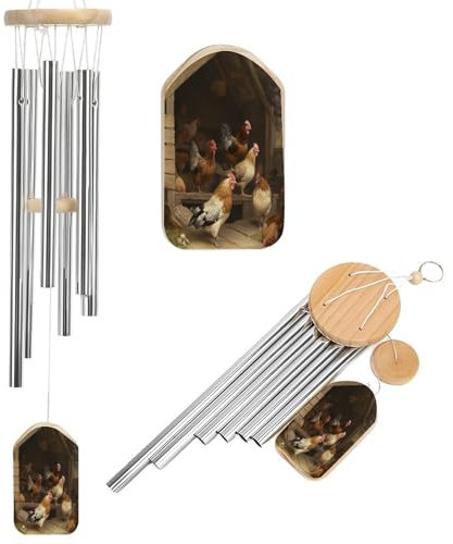 Carillon à vent commémoratif en tubes d'aluminium en bois - Cloche à vent rôtie - Poule - Ferme - Imprimé - Pour extérieur, jardin, terrasse, décoration carillon