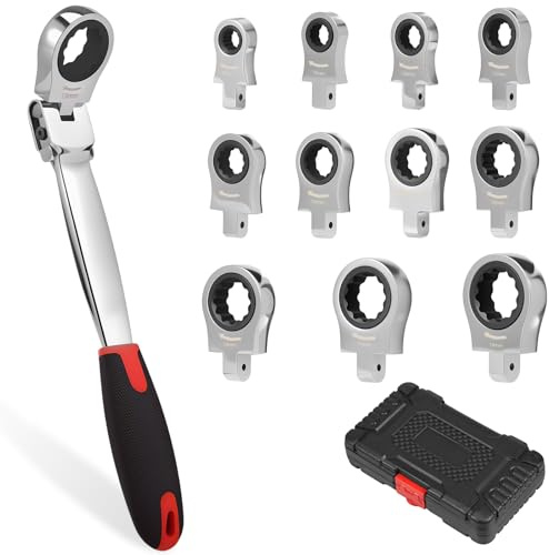 LYDODOKA Juego de llaves de trinquete de cabeza flexible, herramienta de llave de trinquete métrica de 8 a 19 mm con cabezales intercambiables y almacenamiento, cabezales de acero al cromo vanadio 12