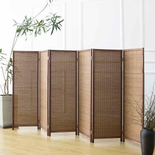 Furnnylane 6 Panel Bamboo Room Divider Short Folding Screen Divider,Double Sided Bamboo Panel Divider for Room Separation,Brown,120 cm H x 234 cm W