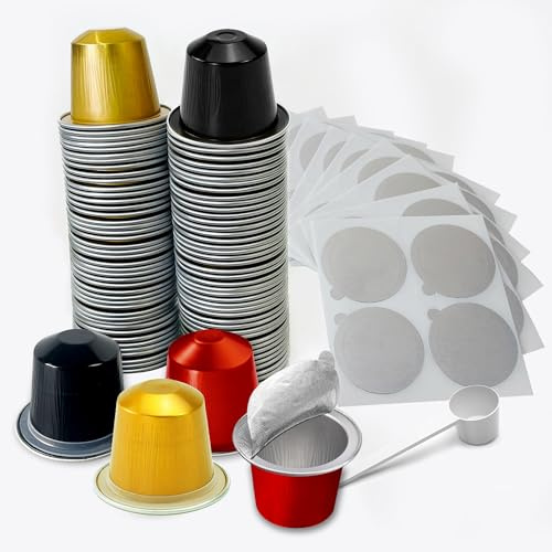 Capsules d'expresso rechargeables pour Nespresso Original Line, filtre à café jetable en aluminium, kit de capsules de rechange pour machine à café Nespresso (60 dosettes + 60 couvercles hermétiques +