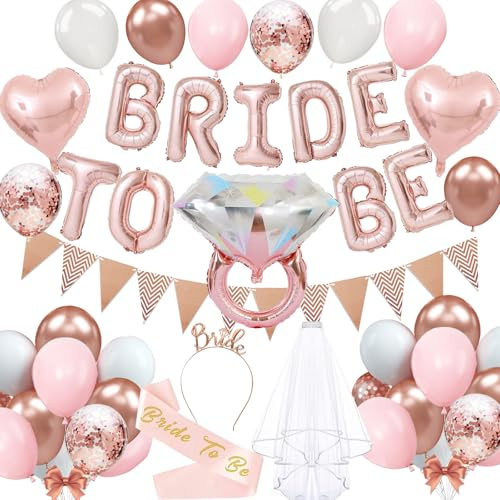 Affivia Bride to Be Deko Ballon Jga Accessoires Frauen Set, Jga Deko mit Bride to Be Luftballons+Schleier+Braut Schärpe+Stirnband,Rosa Weiß Junggesellenabschied Ballons für Bachelorette,Hochzeit Party