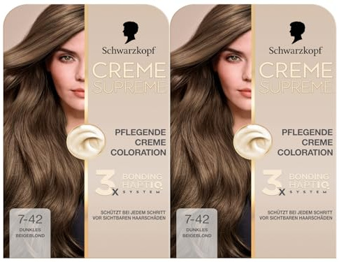 Schwarzkopf Creme Supreme Coloration 7-42 Dunkles Beigeblond (2x182 ml), dauerhafte Haarfarbe mit Serum und Haar-Maske schützt vor sichtbaren Haarschäden, für 100% Grauabdeckung