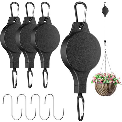 4 Stück Blumenampel Einziehbarer Haken, Einziehbarer Haken für Pflanzen Mit 4 S-Haken, Verstellbarer Blumenkorb Aufhänger, Pflanzenaufhänger mit Riemenscheibe für Gartenkörbe Blumenhaken Vogelhaus Auf