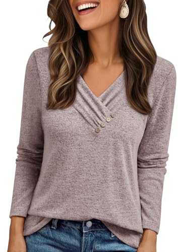 Cuptacc Pull Femme Col V Boutons Élégant Tee Shirt Manche Longue Haut | Col V,Manches Longues,Boutons Décoratifs,Couleur Unie,Ample,Chaud,Chic Et Élégant,Confort,Doux,Automne,Hiver,Women