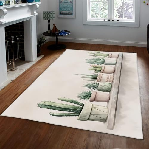 UERWOWELL Easy Clean Area Rug Tropical Green Cactus & Succulent Plant Pot Pattern Thin Carpets for Living Room Bedroom Kitchen Classroom 180x240cm
