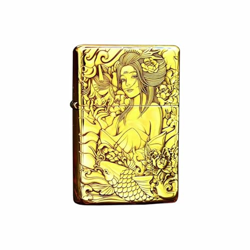 Briquet à pétrole coupe-vent vintage en cuivre rouge sculpté à la main, allumage par meule, son de piano net, carburant rechargeable, adapté à la collection/cadeau (kérosène non inclus)(Brass)
