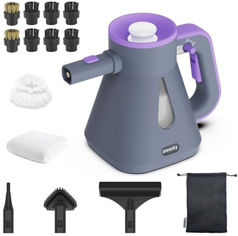 awasky Nettoyeur vapeur : déclencheur vapeur verrouillable 10 secondes - Grand réservoir - Recharge à tout moment - Pas de refroidissement - Kit de 14 pièces - Défroisseur vapeur portable portable