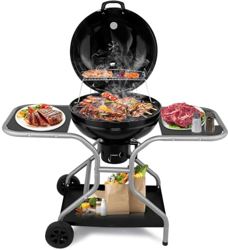 Pobbycrafm Barbecue Rotondo BBQ con Ruote, Barbecue a Carbonella Portatile con Termometro, Cassetto Cenere, Sfiato Regolabile, Ripiano Laterale, BBQ Grill Affumicatore per Campeggio, Picnic