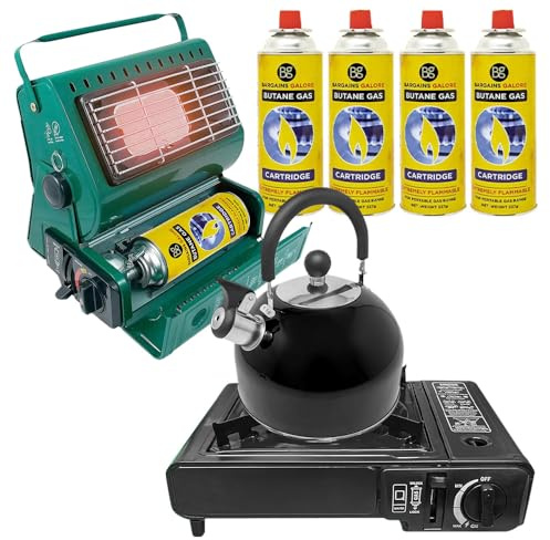 4 in 1 Camping Essentials Kit - Gas Stove, Heater, 2.5L Kettle with 4 Gas Bottles | Premium Burner, Automatic Ignition & Heat Control | Suitable for Cooking, Fishing & Hiking - Camping Starter Kits