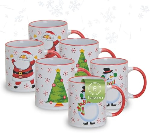 Schönes Weihnachtstassen 6er Set - bunte 300 ml Kaffee-Tassen mit lustigen Weihnachtsmotiven