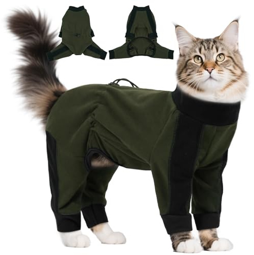 Hjyokuso Katzenbody Nach Op, Katzenpullover Fleece - Verhindert Haarverlust & Schützt Wunden, Ideal Für Frühling, Herbst, Winter, Schlafanzug - Weich, Elastisch, Klebt Fell - Grün XL