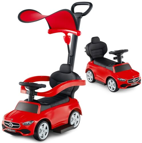 GOPLUS 3 in 1 Schiebeauto, Rutschauto Mercedes-Benz mit verstellbarem Verdeck und Stauraum unter dem Sitz, Rutschfahrzeug mit realistischen Geräuschen für Kinder von 18–36 Monaten (Rot)