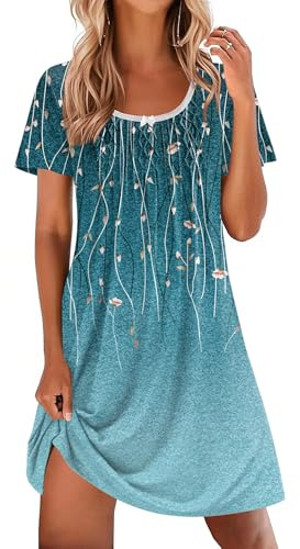 Ekouaer Nightgowns for Women Pleated Sleep Shirts Short Sleeve Night Shirts Lace Trim Night Gown Ladies Sleep Dress