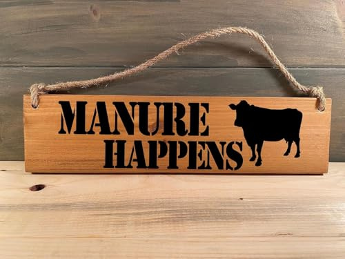 GWTIBFXH Retro Wood Plaque Signs 4 X 16 Inch Wood Signs Little Manure Happens Sign Farmhouse Decor Cow Sign Wooden Signs With Sayings
