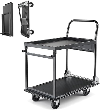 VEVOR Heavy Duty 2 Tier Foldable Platform Hand Truck, 700 lbs Push Tool Cart with High-Strength Steel, Folding Utility Cart for Warehouse, Garage, Workshop, Office
