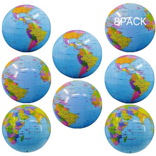 PUETUNG Inflatable Beach Balls Bulk Jumbo 16 World Globe Pool Toys Balls for Pool, Party Summer - Swimming Game Water Toys Kid Party Favor Luau Decorations Blow Up Beach Ball (8 Pack)