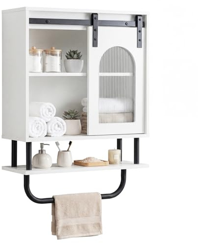 COSTWAY Bathroom Wall Cabinet, Wooden Over-The-Toilet Storage Cupboard with Sliding Barn Door, Shelves and Towel Bar, Bathroom Unit Wall Mounted Medicine Cabinet for Living Room Kitchen (White)
