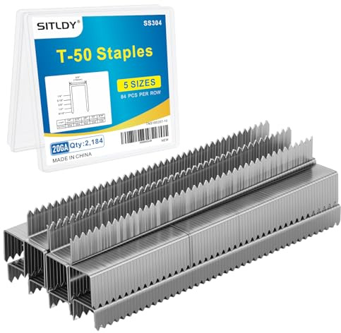 SITLDY Lot de 2184 agrafes biseautées et pointues en acier inoxydable T-50 304 5 tailles incluses : 1/4, 5/16, 3/8, 1/2, 9/16, lot de projets de tailles assorties, pour agrafeuse pneumatique et