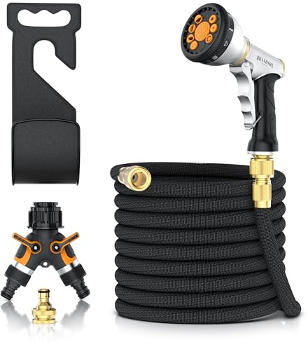 Brandson – 15m Gartenschlauch flexibel 3/4 Zoll mit Handbrause – Wasserschlauch mit Spritze – 9 Strahleinstellungen – Wasserverteiler – Wandaufhängung – für Garten Pflanzen Rasen Beete