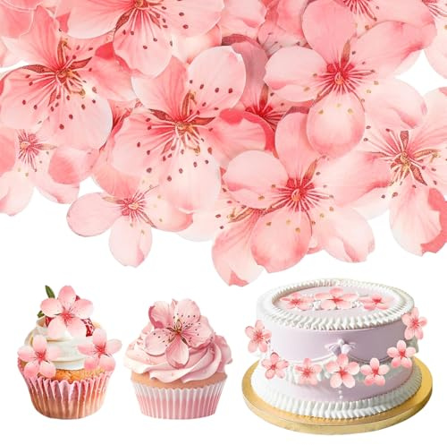 PHYNDR 50 Pièces Gâteau De Fleur De Cerisier Comestible Toppers, Fleur Comestible, Decoration Gateau Anniversaire, Printemps Fiançailles Anniversaire Douche de bébé Fête Décorations