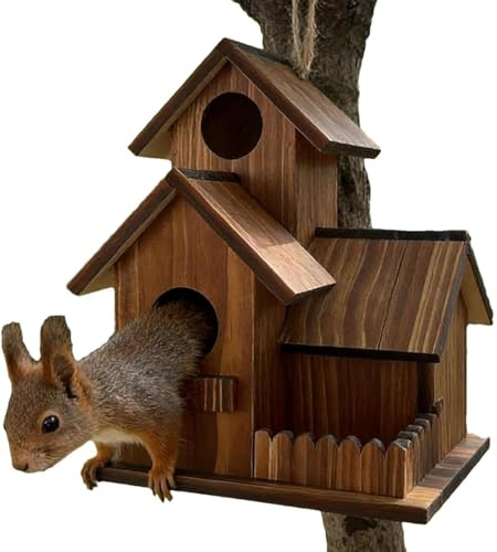 Eichhörnchen Futterhaus Holz wetterfest, 15x15x19cm Futterstation mit Schutzdach & Stabiler Plattform, Eichhörnchenfutterhaus für Garten, Terrasse & Baume, einfache Befüllung & Montage