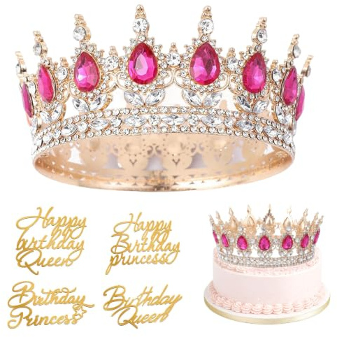 1 styck födelsedagskrona för flickor, krona för tårta, med 4 Happy Birthday-tårtdekoration, tårttoppar, för födelsedag, bröllop, förlovningar och speciella tillfällen (gyllene rosenröd)