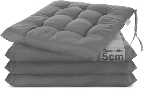 Brandsseller 4er Set Stuhlkissen 40x40x5 cm Sitzkissen Polster Stuhlauflage mit Haltebändern Dekokissen für Indoor Outdoor gesteppt - Dunkelgrau