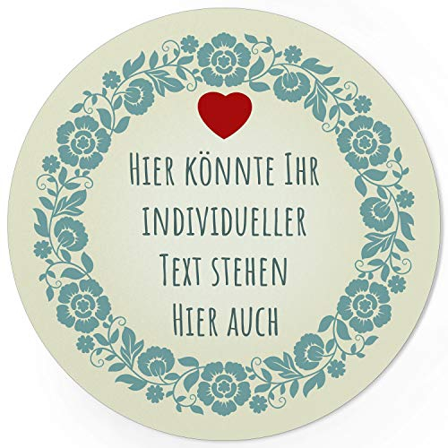 24 schöne INDIVIDUELLE runde Etiketten SELBER GESTALTEN: Vintage türkis Blumenkranz Herz - Personalisierte Aufkleber für Taufe, Muttertag, Valentinstag, Produkte, Ostern, Weihnachten, Geburtstag
