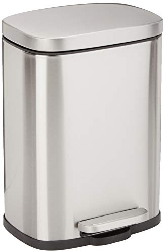 Amazon Basics Mini-Pattumiera Rettangolare Antialoni con Pedale a Chiusura Ammortizzata, in Acciaio Inox Spazzolato,per Bagno e Piccoli Ambienti, 5L, Finitura in Nichel Satinato,18.5x21.6x30cm(LxPxA)