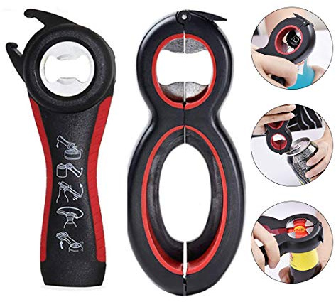 2 Stück Deckelöffner , Multifunktion Flaschenöffner Glasöffner Dosenöffner mit Rutschfestem Griff 5 in 1 und 6 in 1 geeignet für Senioren, Arthritis, Patienten, Frauen, Kinder (schwarz + rot)