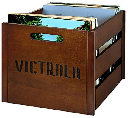 Victrola Wooden Record Crate – Tabletop Vinyl Album Holder, No-Tool Assembly, Holds Over 50 Records, Real Wood Construction, Elegant Design (Espresso)