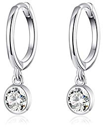 CZ Bezel Dangle Hoop Earrings for Women Girls 925 Sterling Silver Charms Minimalist Tiny Round Cubic Zirconia Drop Dangling Cartilage Helix Tragus Diamond Solicate Hypoallergenic Jewelry (Silver)