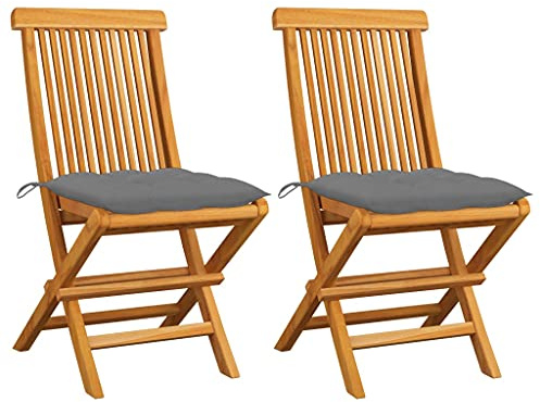 vidaXL Klappstühle mit grauen Kissen, 2 Stück, Massivholz Teakholz