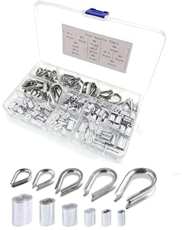 JZK 250pcs M1.5 M2 M3 M4 M5 Fune Ditali combo e 1.2 mm 1.5 mm 2 mm 2.5 mm 3 mm 4 mm crimping loop manicotto assortimento kit per fune metalliche ditali sartiame