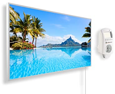 Könighaus Panorama Bildheizung 600 Watt - Smart Thermostat - 8-16 m² | App, weißer Rahmen, Motiv: 01. Bora Bora Insel, TÜV SÜD, Infrarot Wandheizung