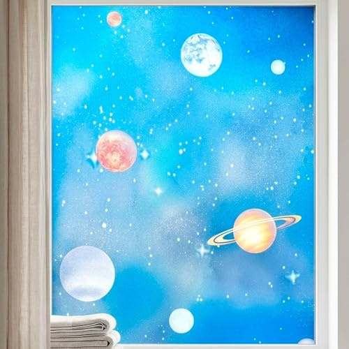 Blue Window Privacy Film Stained Glass Sliding Door Cling Decorative Galaxy Planet Static Tint UV Blocking Non-Adhesive Covering Stickers Cover Decal for Kids Bedroom,17.5x78.7in.