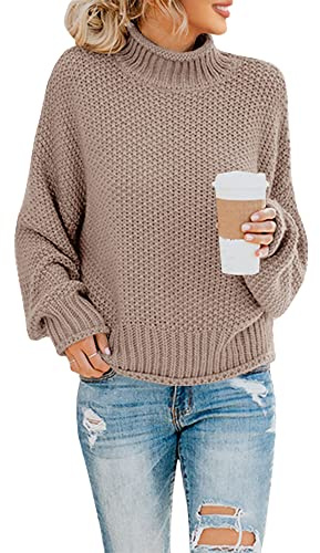 Saodimallsu Damen Rollkragen Oversized Pullover Fledermaus Langarm Pullover Sweatshirt Lose Grobstrick Casual Sweater Z Bräunen L