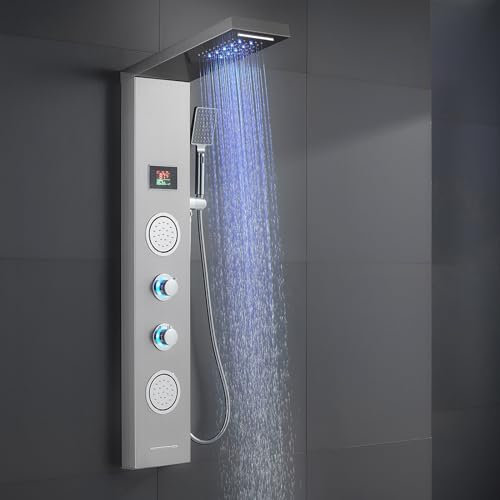 ROVATE Rainfall Waterfall Shower Panel Tower with LED lights and Temperature Display (No Battery Needed), LED Shower Column with Body Massage Jets, Handheld Shower and Tub Spout, Brushed Finish