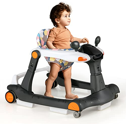 GOPLUS 2 in 1 Faltbarer Lauflernhilfe, Höhenverstellbare Lauflernwagen mit Licht, Musik & Einstellbarer Geschwindigkeit, Babywalker mit Geräuschlose Räder für Kinder von 6-18 Monaten (Schwarz)