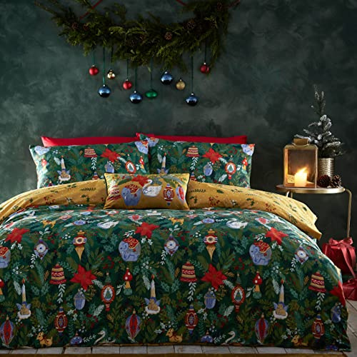 furn. Deck The Halls Duvet Cover Set (Pine Green - King) | Reversible Festive Holiday Christmas Ornamant Easycare Polycotton Bedding