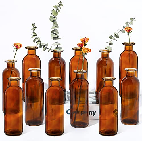 Patelai Braun Glasvase Knospenvasen für Hochzeit Tischdekoration Apothekergläser Deko Antike Hohe Klasse Blumenvase für Mittelstück Blumensträuße Heim Hochzeit Braut Dusche, 6,3 x 2,2 Zoll (12 Stück) | Apotheker-Stil im Vintage-Stil für Tischdekoration, bernsteinfarbenes schmales Halsdesign für Brautveranstaltungen