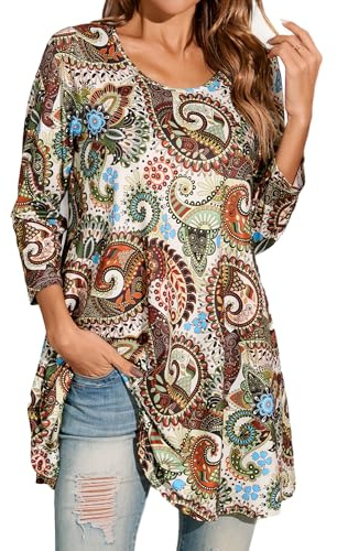Enmain Damen Tunika Langarm Große Größen Elegant Blusen Tuniken Für Frauen Weihnachten Festliche Bluse Long Paisley Boho Oberteil Shirt,Mehrfarbig,L