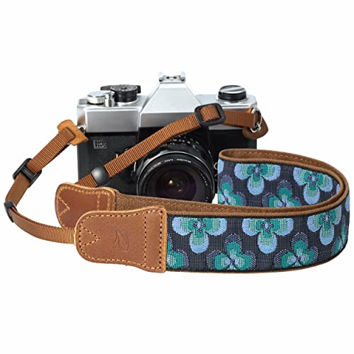 Camera Strap - 1.5 Cowhide Head Shoulder Neck Strap ,Retro Jacquard Embroidery Multi-pattern camera straps for Cameras and Binoculars,Cute Adjustable Thin Strap for Adults & Kids(Plum Embroidery）