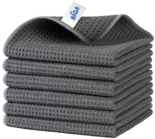 MR.SIGA Waffle Pattern Cleaning Cloths, Reusable Absorbent Microfiber Cleaning Cloths, Lint Free Microfiber Kitchen Towels, 6 Pack, Gray, 12.6 x 12.6 inch