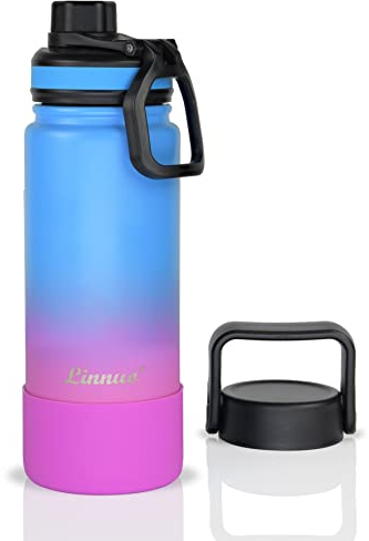 Linnuo Trinkflasche Edelstahl 600ml Auslaufsicher Thermoskanne BPA-Frei Wasserflasche für Sport Fitness Fahrrad Uni Outdoor, 2 Deckel, Silikonboden, Kohlensäure Thermosflasche für Mädchen (Blau-Pink)