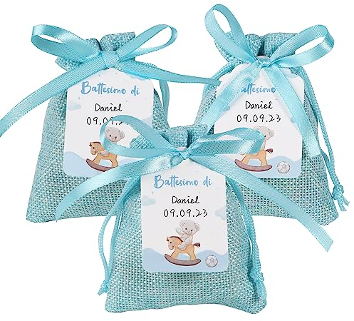 Italienisch 24 Stk Taufe Etiketten + 24 Stk Jute Beutel + 1 Stk Seidenband Gastgeschenke Organzasäckchen für Konfirmation Kommunion Party Geschenk Geburtstag Gäste Geburt Deko (Blau)
