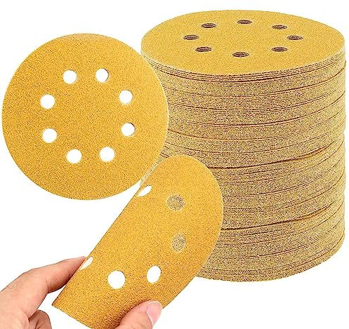 Disque Poncage 125mm, 100 Disques Abrasifs de Ponçage Ponceuse tampons ponçage ronds 8 trous Grain 60/80/120/180/240/320/400 pour Poncer Polir Dérouiller