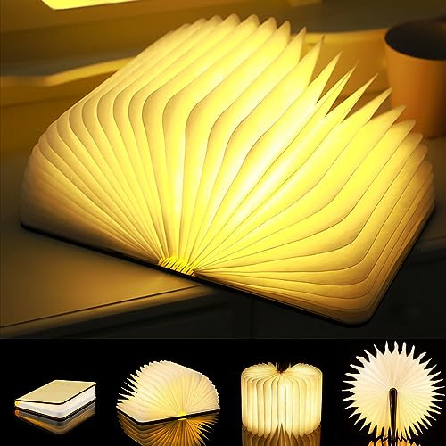 LOVUMMOR LED Buchlampe, Buch Lampe aus Holz, Buchlicht, Leuchtbuch, 360° faltbar, magnetisch, USB-aufladbar - Nachttischlampe, dekoratives Nachtlicht, Geschenkidee für Bücherwürmer (14.5x11x2.5cm)