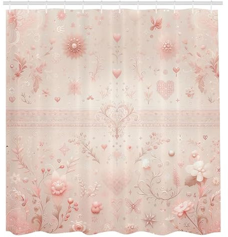 ABAKUHAUS Pink Shower Curtain, Vintage Floral Art Cottagecore, Cloth Fabric Bathroom Decor Set with Hooks, 175 x 200 cm, Pale Salmon Dried Rose